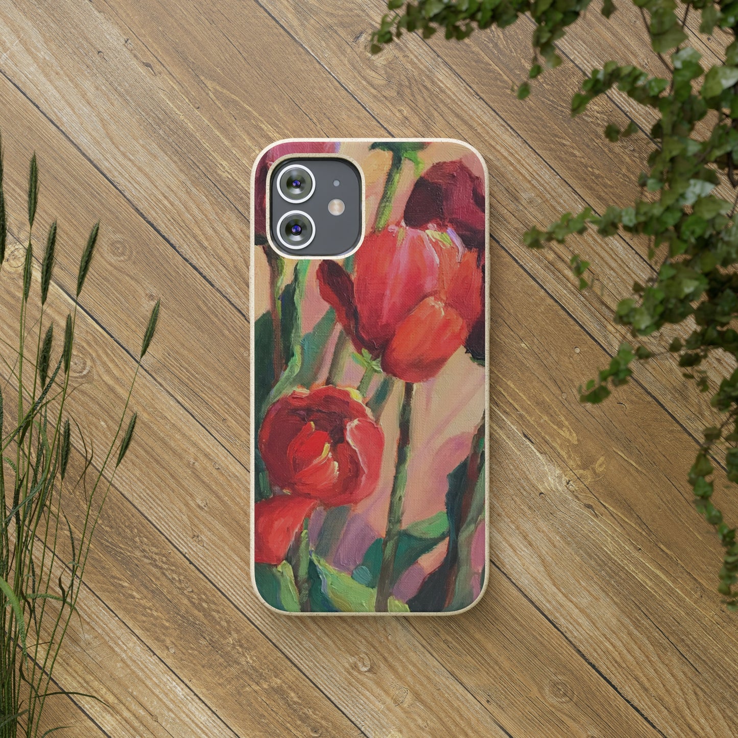 Biodegradable Phone Case with 'Red Tulips' Floral Original Artwork by Barbara Cleary