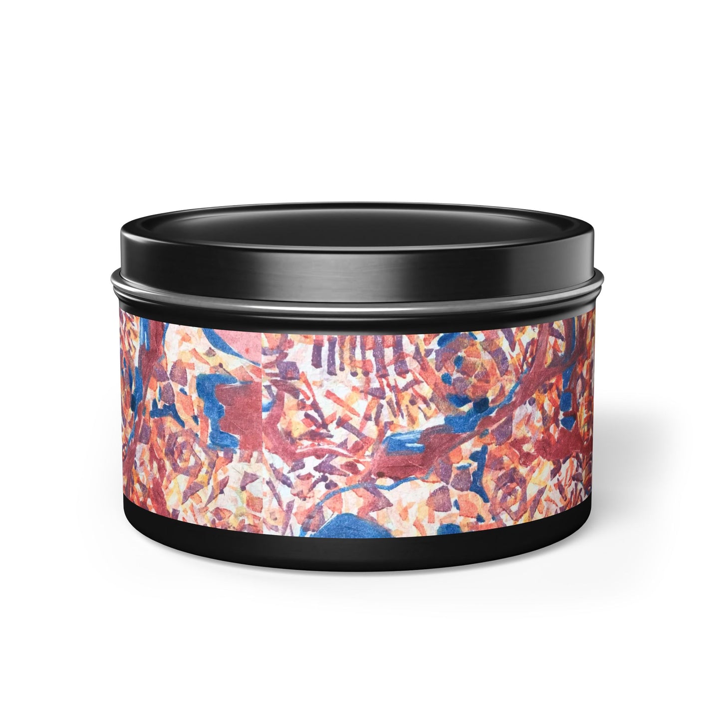 8oz Eco-Friendly Scented or Unscented Soy Wax Tin Candle with 'Abstract Fusion' Abstract Artwork by American Artist Barbara Cleary