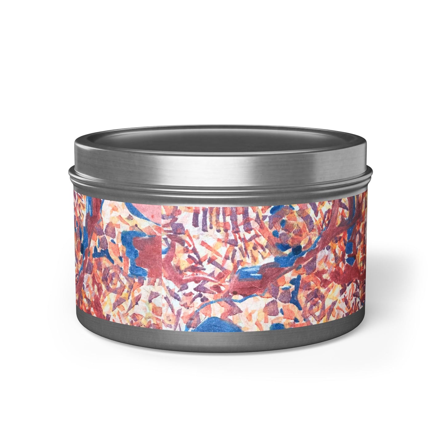 8oz Eco-Friendly Scented or Unscented Soy Wax Tin Candle with 'Abstract Fusion' Abstract Artwork by American Artist Barbara Cleary