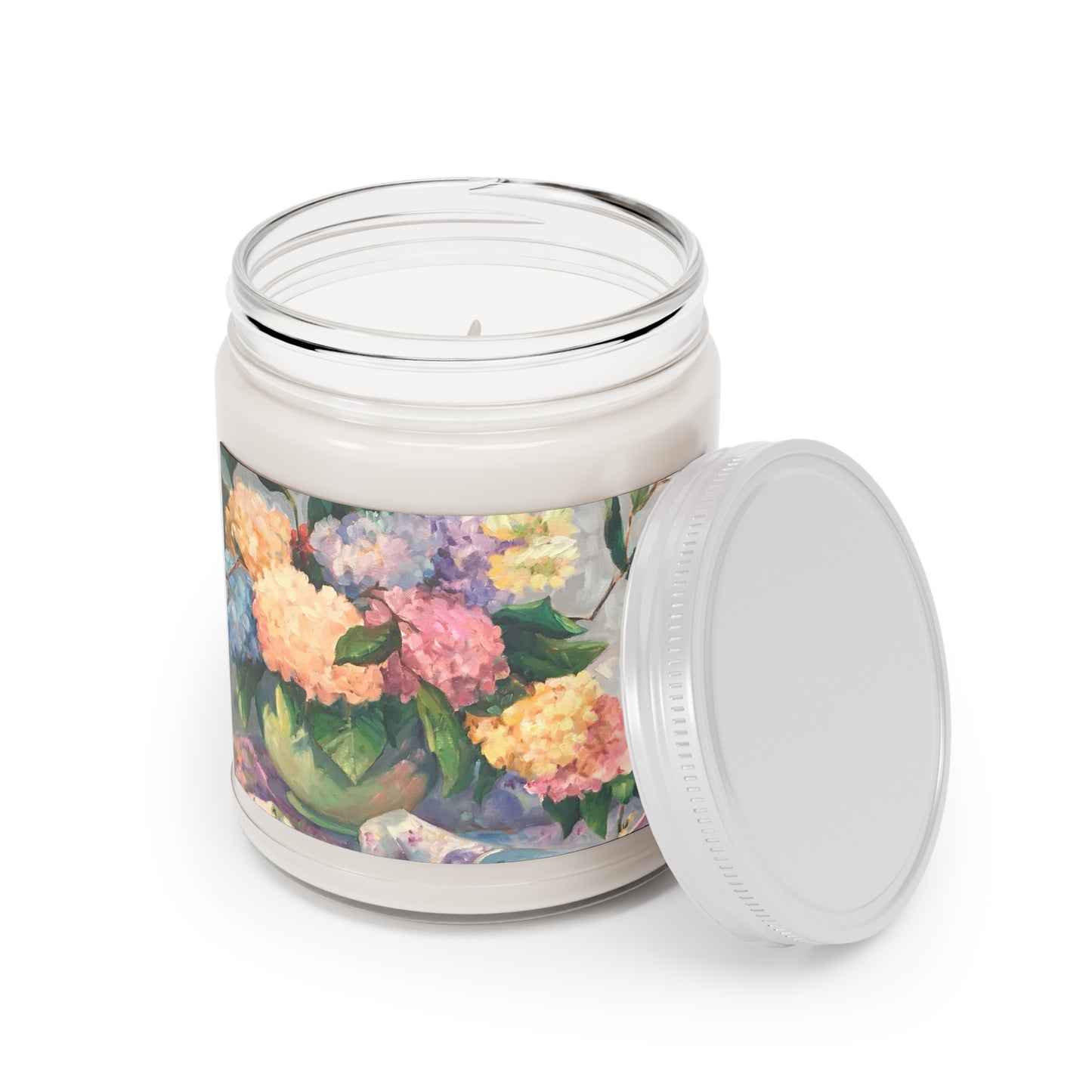 9oz Eco-Friendly Scented or Unscented Soy Wax Candle Jar  with 'Hydrangeas' Floral Artwork by American Artist Barbara Cleary