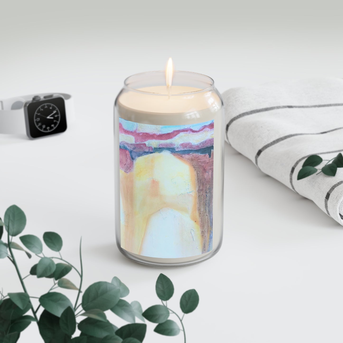 13.75oz Eco-Friendly Scented or Unscented Soy Wax Candle Jar with 'Southwest Mixed Media' Abstract Artwork by American Artist Barbara Cleary