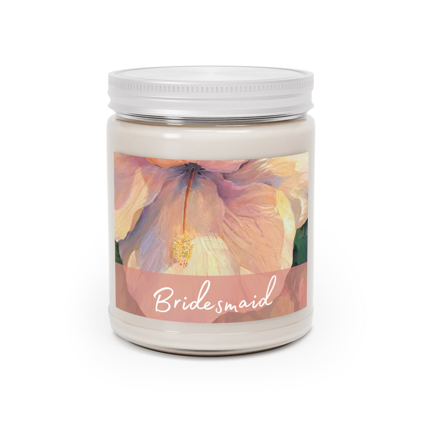 'Bridesmaid' 9oz Eco-Friendly Soy Wax Candle Jar I Bridal Collection with 'Hibiscus' Artwork by American Artist Barbara Cleary