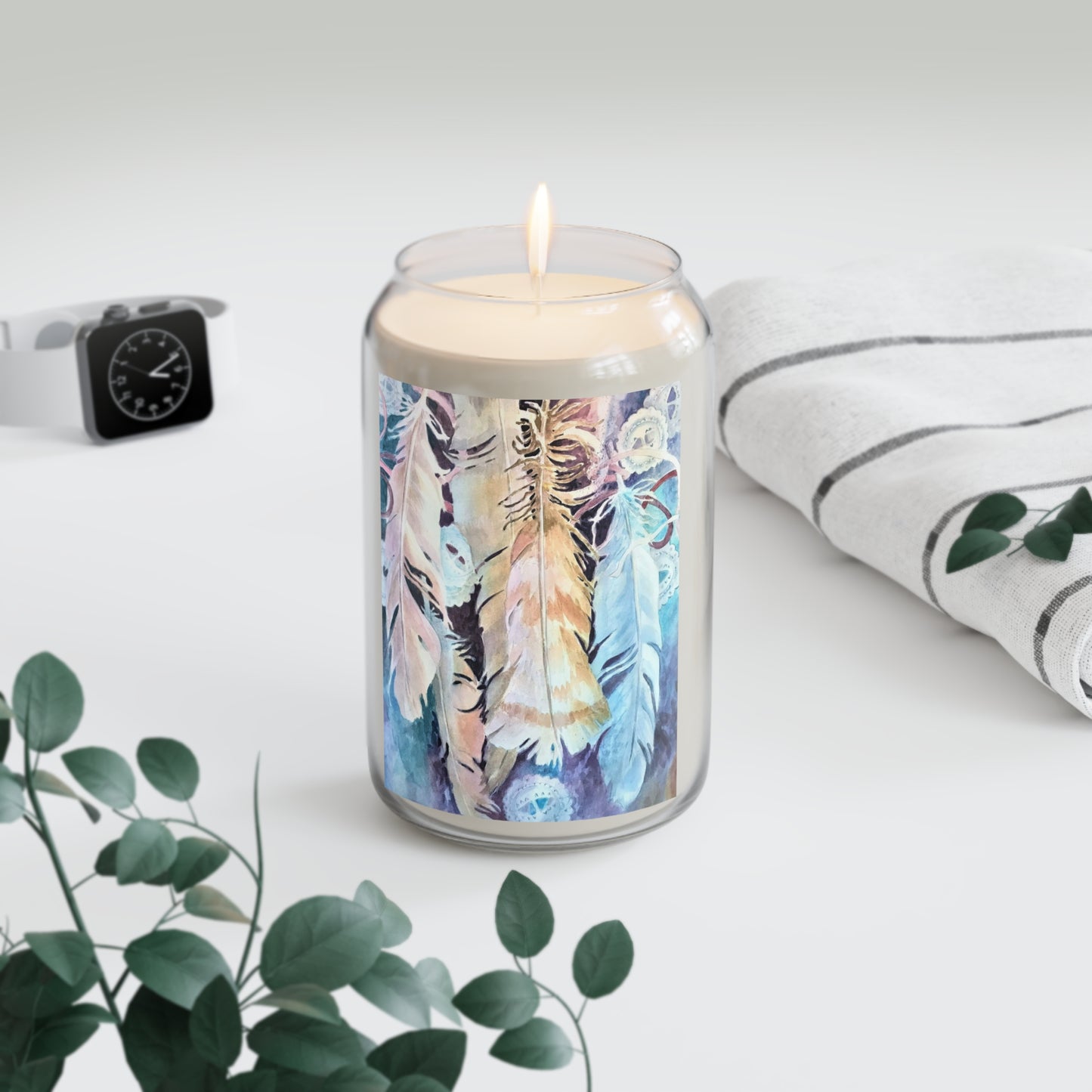 13.75oz Eco-Friendly Scented or Unscented Soy Wax Candle Jar  with 'Conchos Feathers' Artwork by American Artist Barbara Cleary