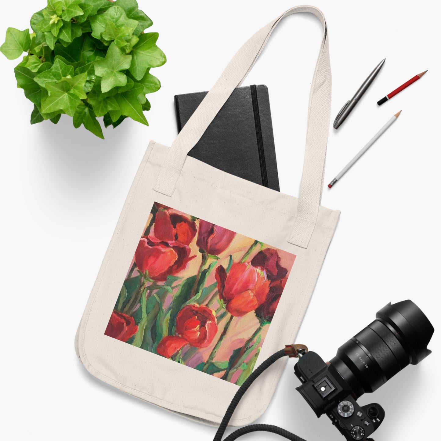 Organic Canvas Tote Bag with 'Tulips' Floral I Original Artwork by American Artist Barbara Cleary