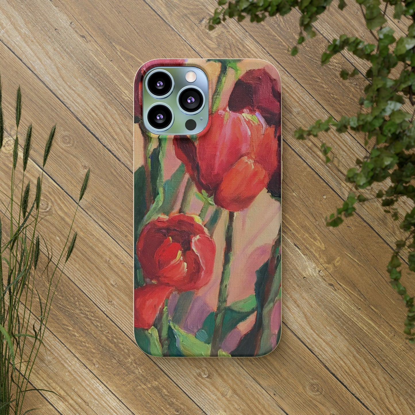 Biodegradable Phone Case with 'Red Tulips' Floral Original Artwork by Barbara Cleary