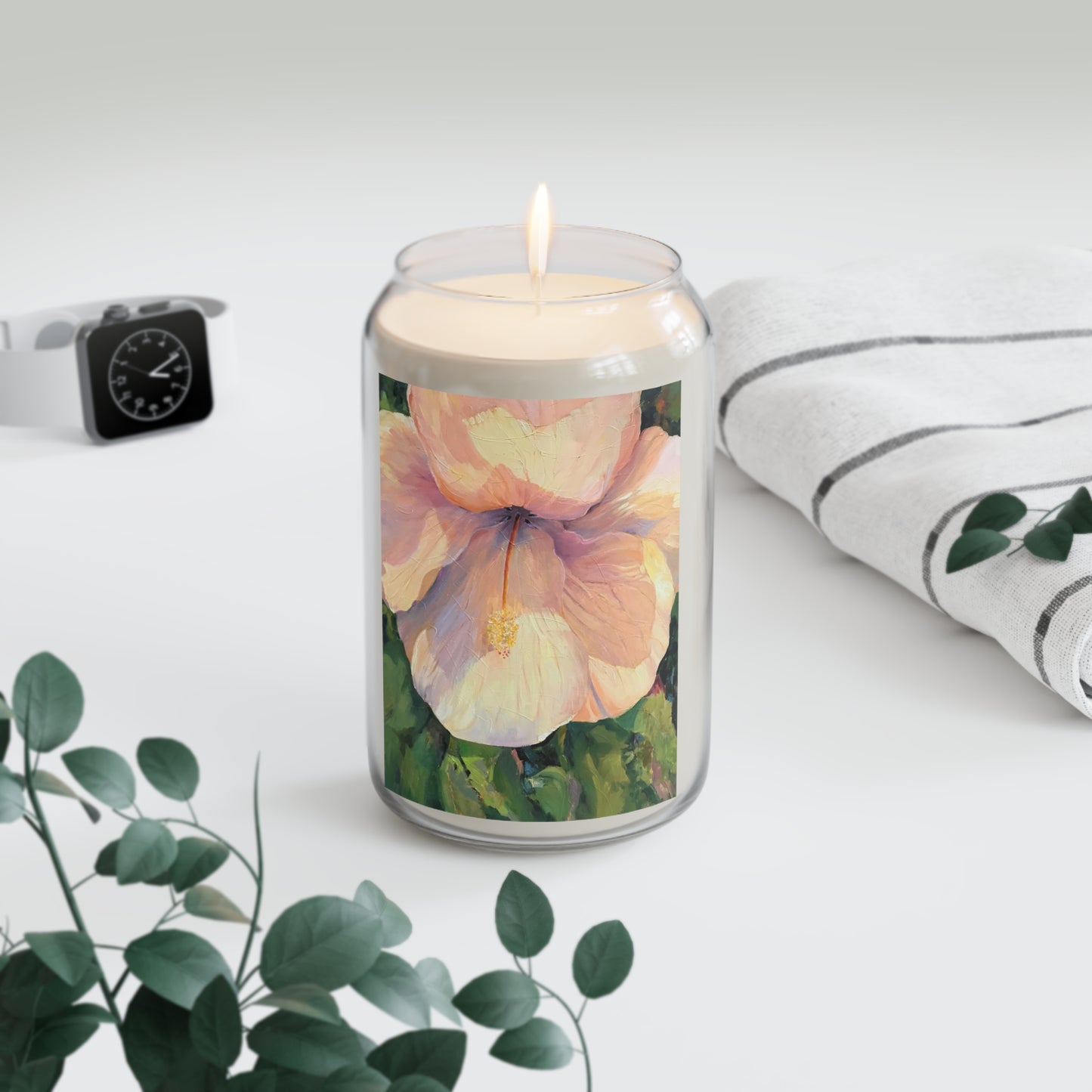 13.75oz Eco-Friendly Scented or Unscented Soy Wax Candle Jar with 'Pink Hibiscus' Floral Artwork by American Artist Barbara Cleary