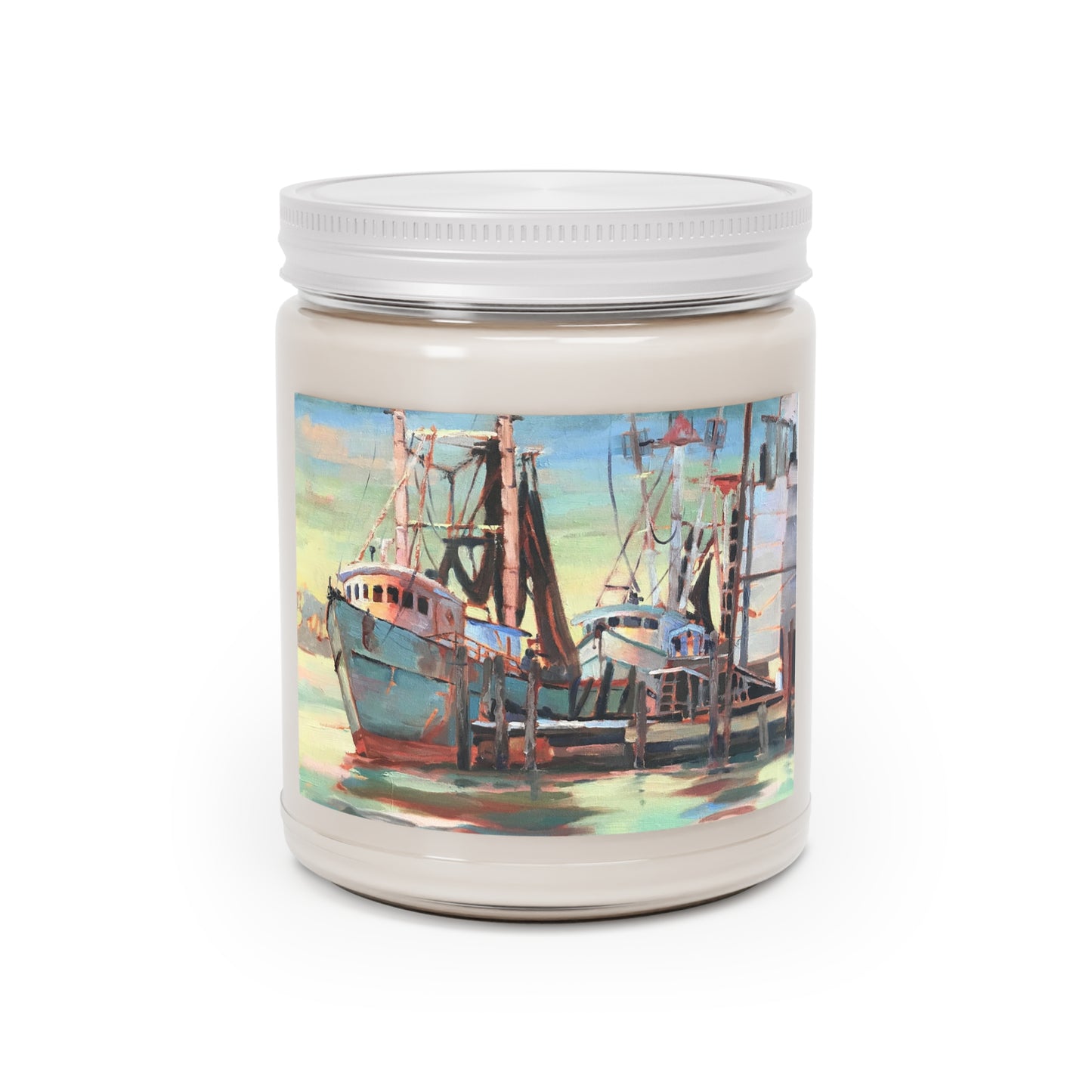 9oz Eco-Friendly Scented or Unscented Soy Wax Candle Jar with 'Biloxi Fishing Fleet' Coastal Artwork by American Artist Barbara Cleary