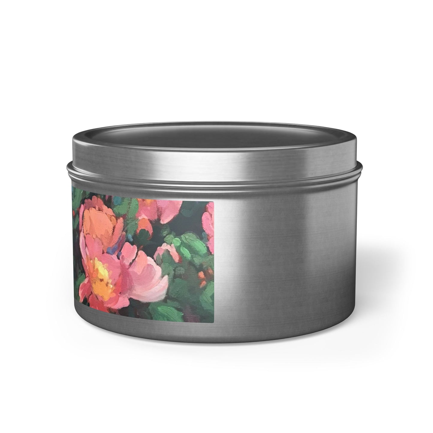 8oz Eco-Friendly Scented or Unscented Soy Wax Candle Tin with 'Pink Princess' Floral Artwork by American Artist Barbara Cleary