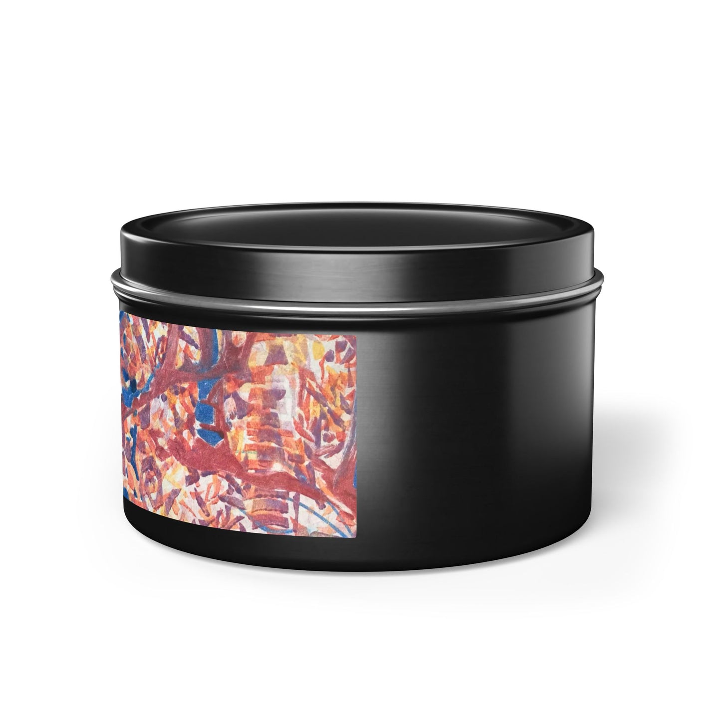 8oz Eco-Friendly Scented or Unscented Soy Wax Tin Candle with 'Abstract Fusion' Abstract Artwork by American Artist Barbara Cleary