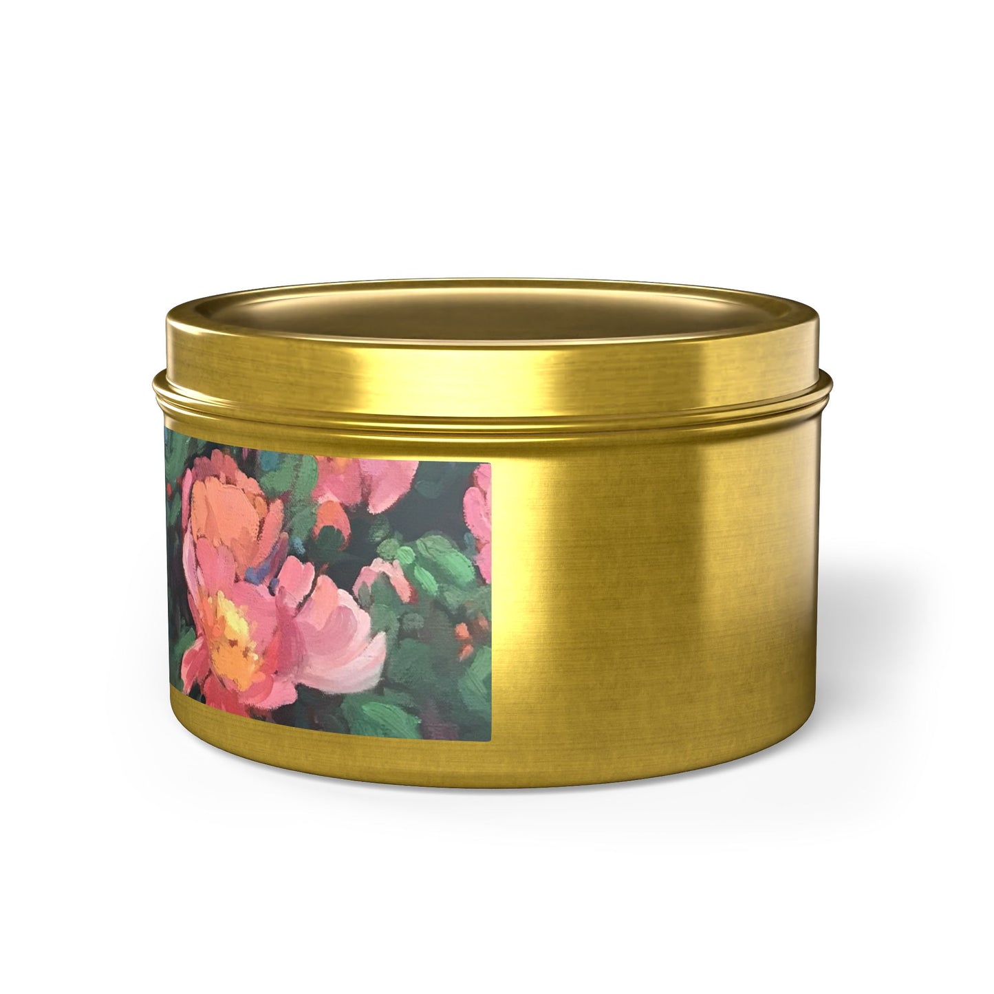 8oz Eco-Friendly Scented or Unscented Soy Wax Candle Tin with 'Pink Princess' Floral Artwork by American Artist Barbara Cleary