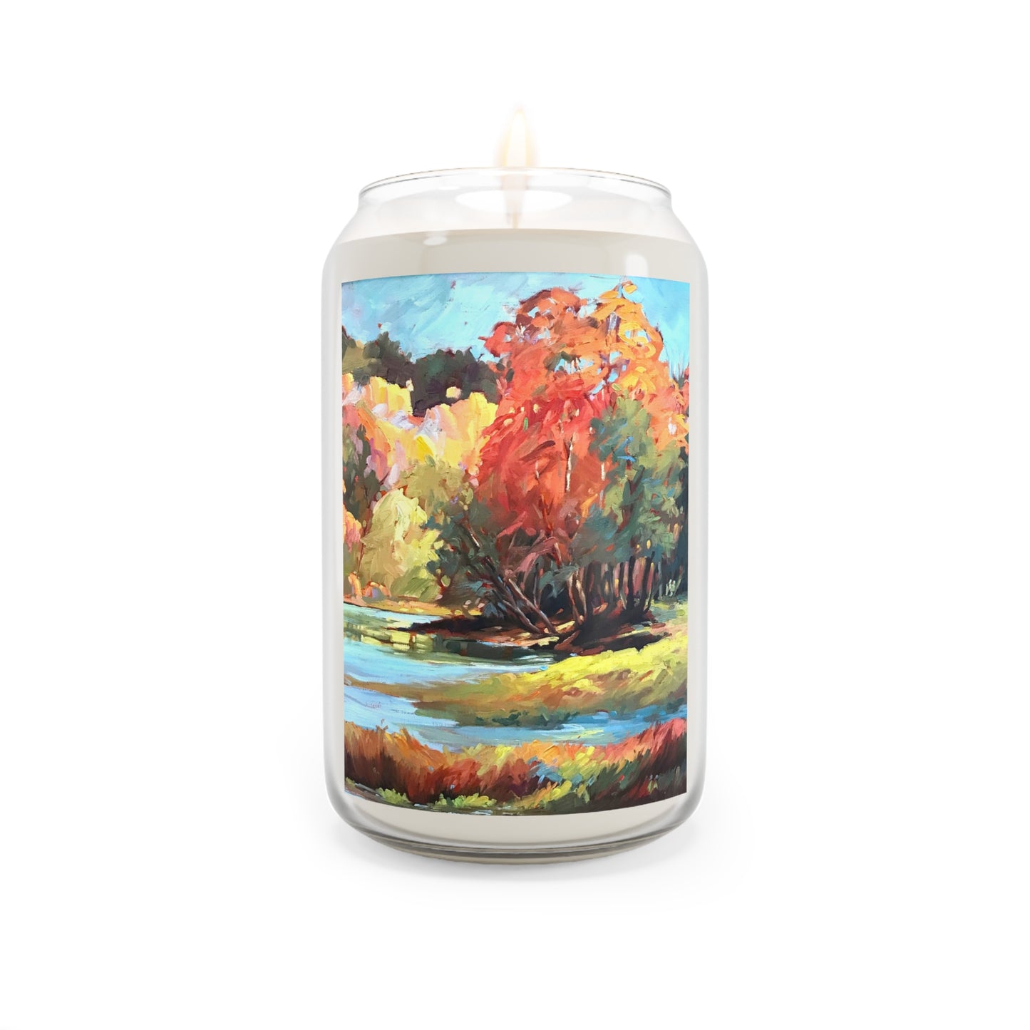 13.75oz Eco-Friendly Scented or Unscented Soy Wax Candle Jar  with 'Autumn Fire' Artwork by American Artist Barbara Cleary (Fall Collection)