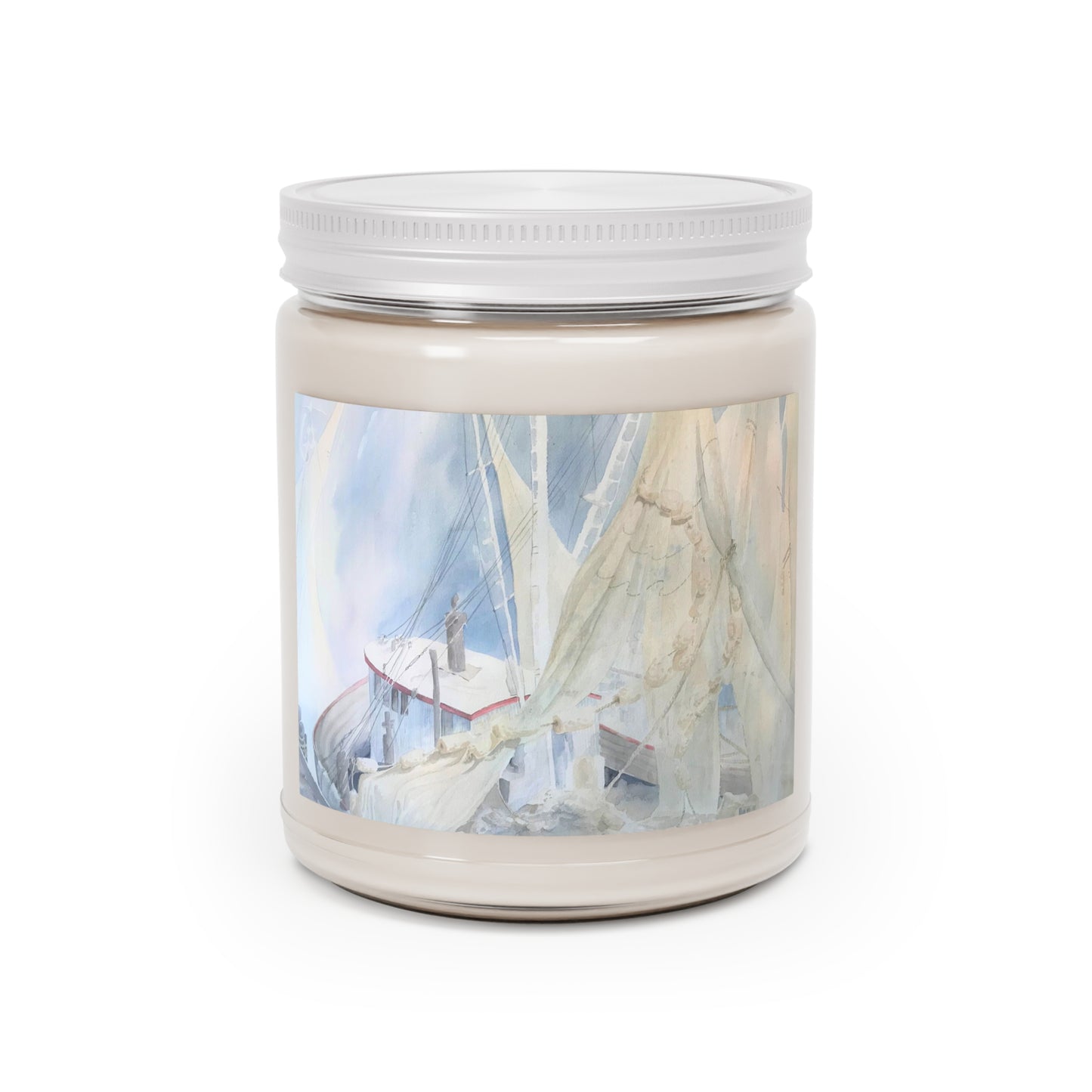 9oz Eco-Friendly Scented or Unscented Soy Wax Candle Jar  with 'Sailboat' Coastal Artwork by American Artist Barbara Cleary