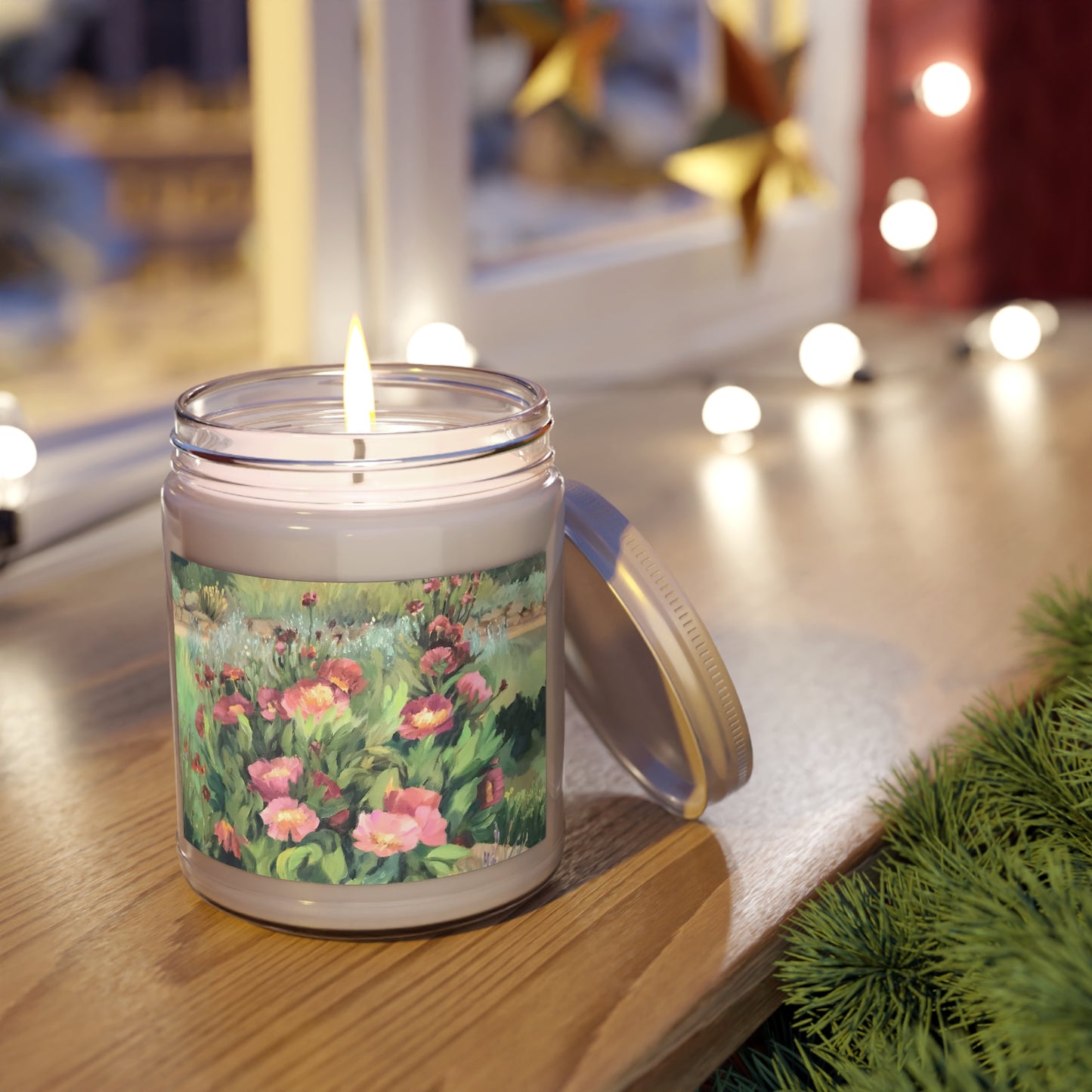 9oz Eco-Friendly Scented or Unscented Soy Wax Candle Jar with 'Pink Blooms' Floral Artwork by American Artist Barbara Cleary