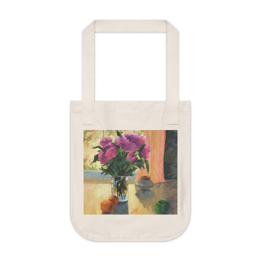 Organic Canvas Tote Bag with 'Blooming Flowers and Fresh Fruit' Floral I Original Artwork by American Artist Barbara Cleary