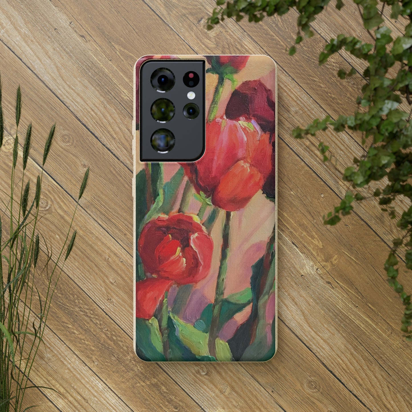 Biodegradable Phone Case with 'Red Tulips' Floral Original Artwork by Barbara Cleary