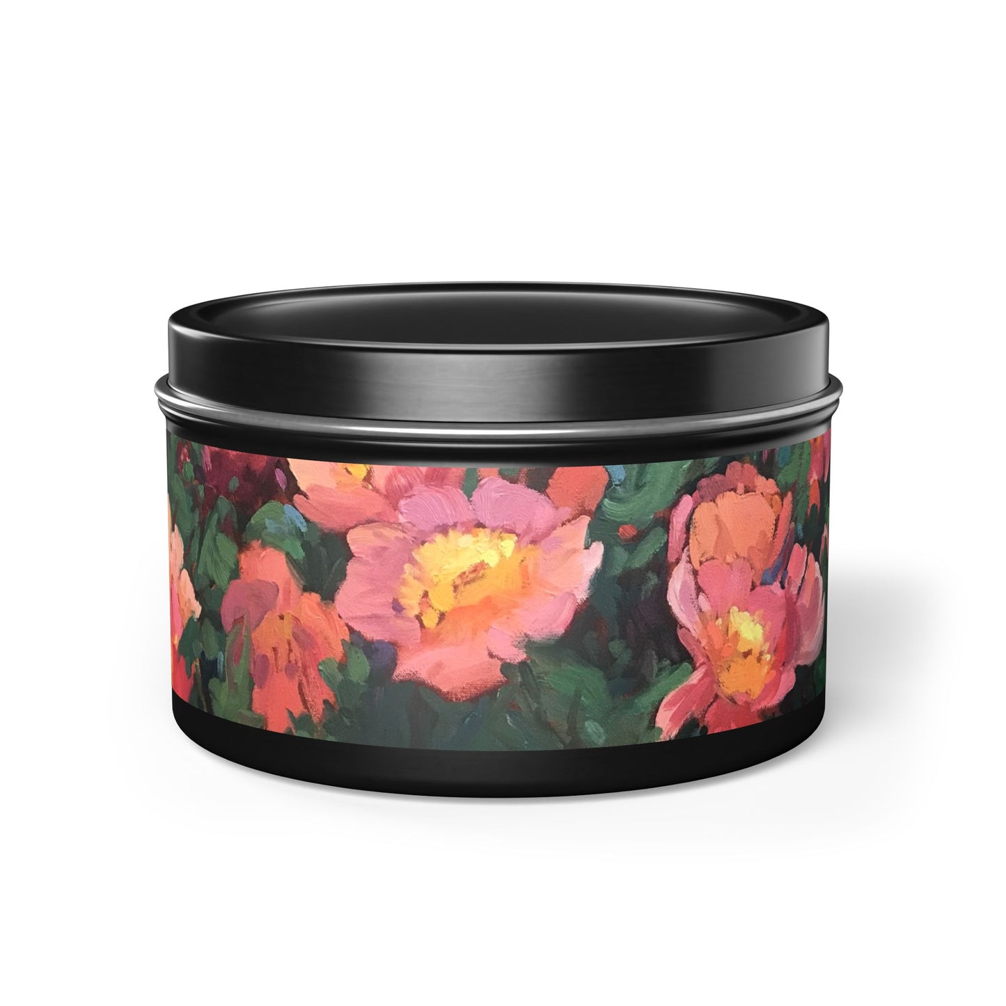 8oz Eco-Friendly Scented or Unscented Soy Wax Candle Tin with 'Pink Princess' Floral Artwork by American Artist Barbara Cleary