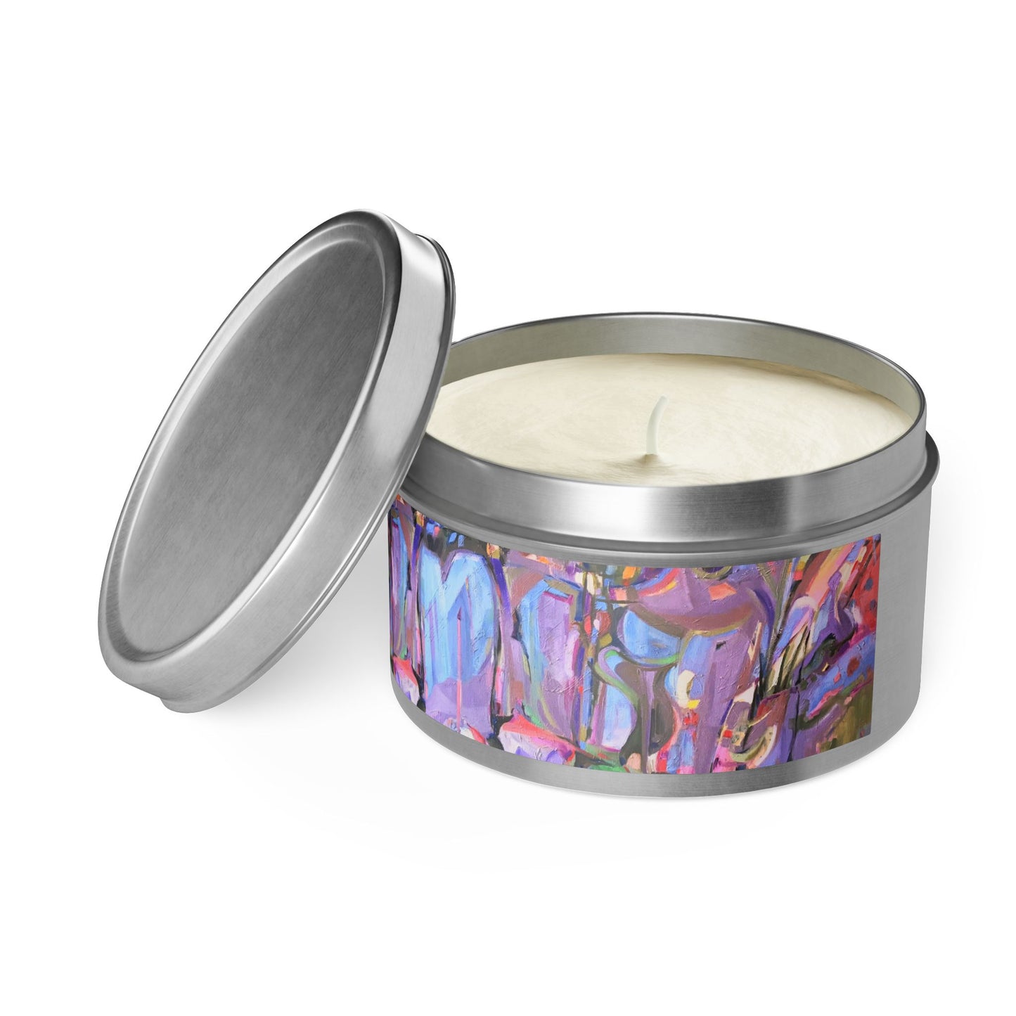 8oz Eco-Friendly Scented or Unscented Soy Wax Tin Candle with 'Passages' Abstract Artwork by American Artist Barbara Cleary