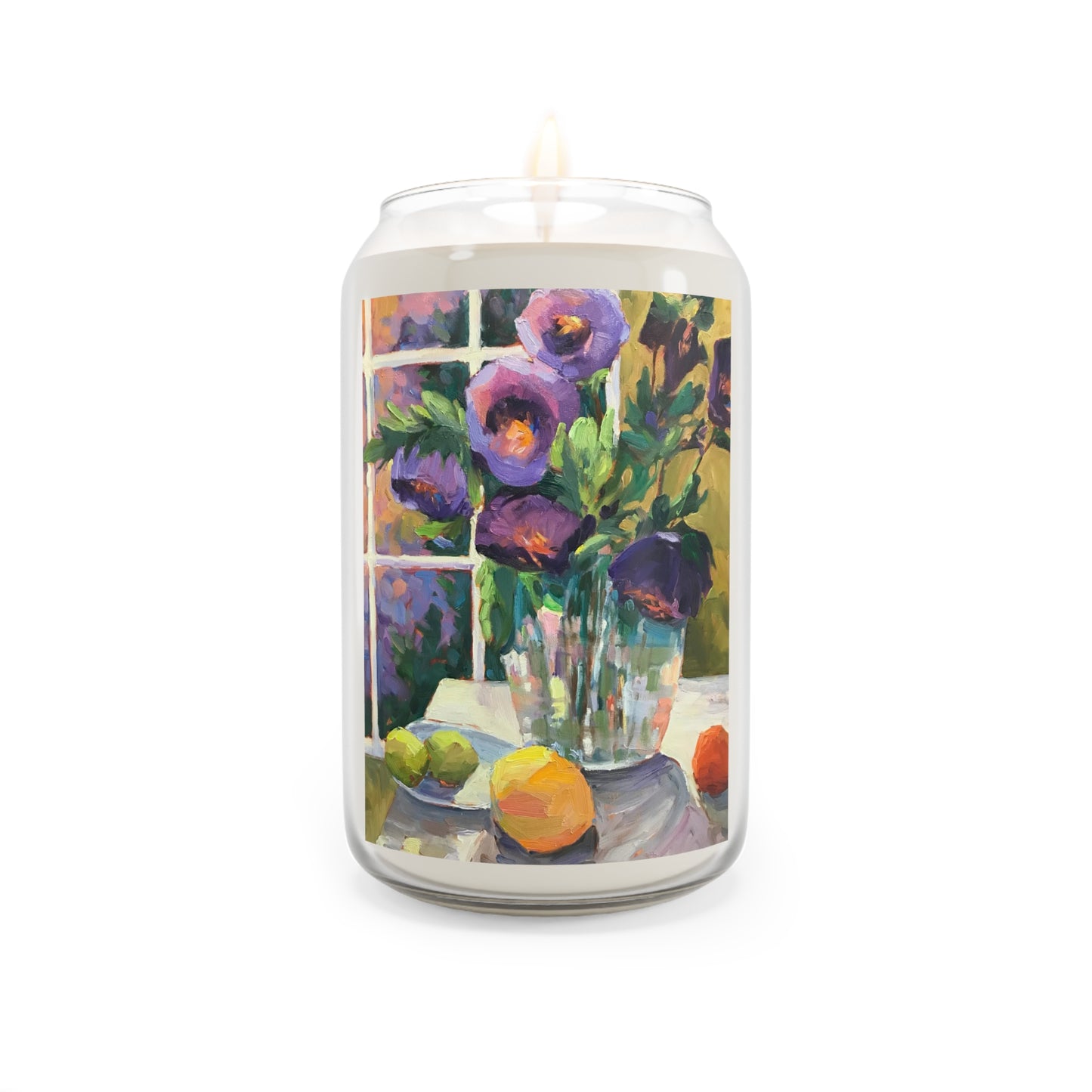 13.75oz Eco-Friendly Scented or Unscented Soy Wax Candle Jar  with 'Purple Flowers' Floral Artwork by American Artist Barbara Cleary