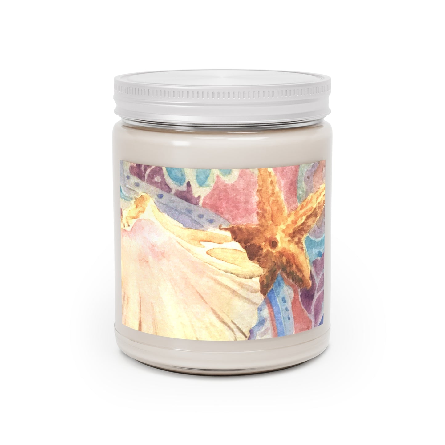 9 ozSoy Wax Candle Jar Featuring “Treasures of the Tide” Coastal Watercolor Painting by Barbara Cleary