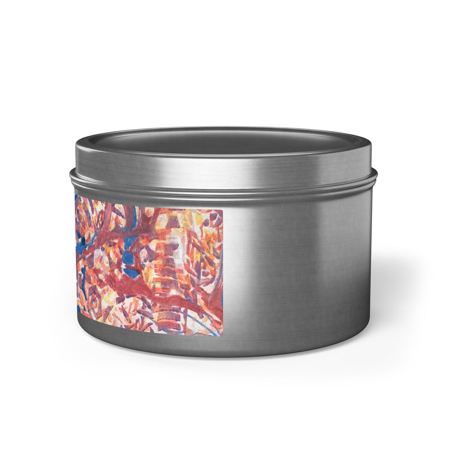 8oz Eco-Friendly Scented or Unscented Soy Wax Tin Candle with 'Abstract Fusion' Abstract Artwork by American Artist Barbara Cleary