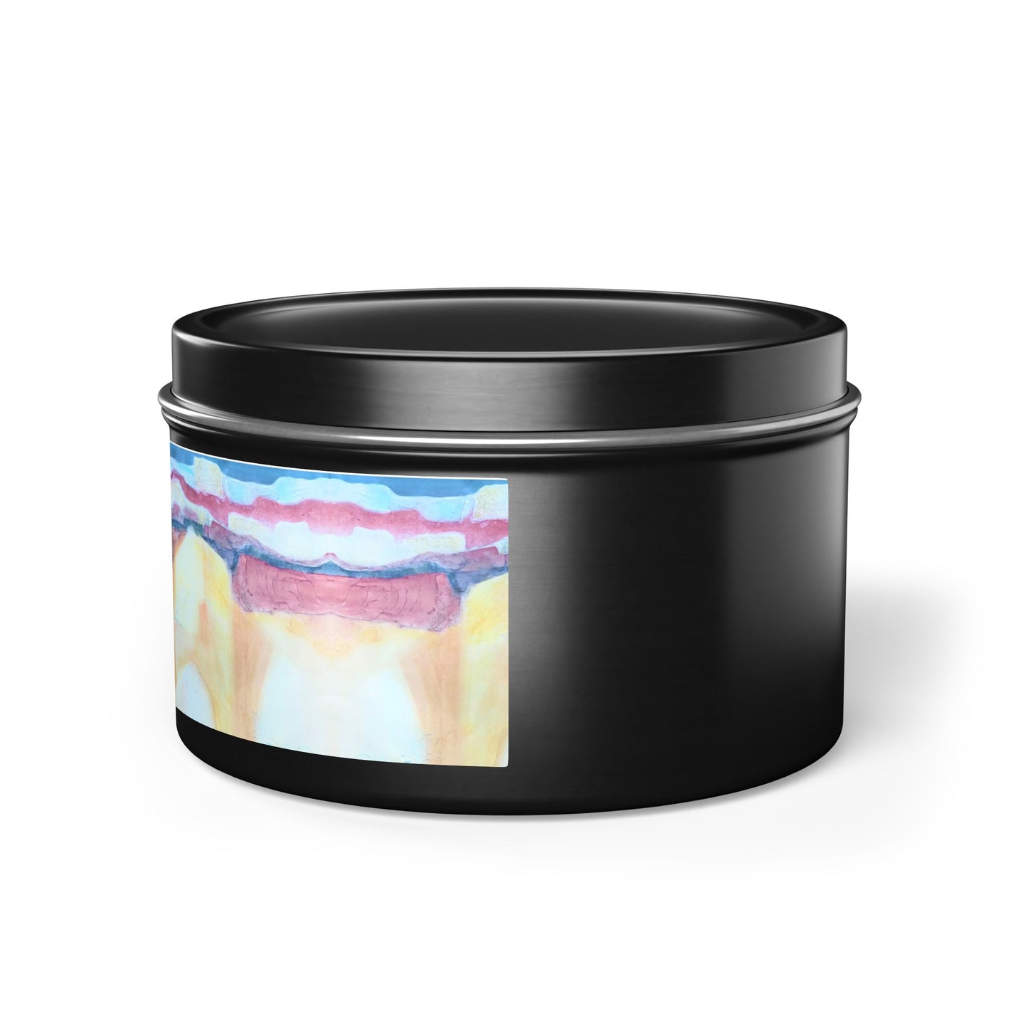 8oz Tin Candle 8oz Eco-Friendly Scented or Unscented Soy Wax Tin Candle with 'Southwest Mixed Media' Abstract Artwork by American Artist Barbara Cleary