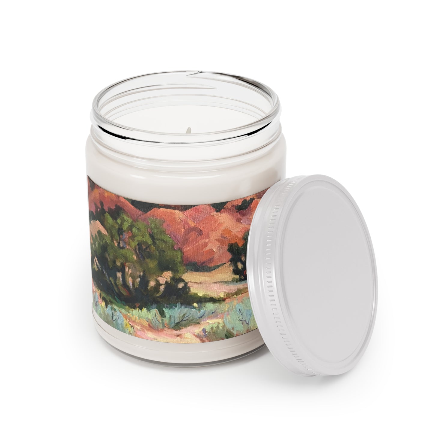 9oz Eco-Friendly Scented or Unscented Soy Wax Candle Jar  with 'Mesa at Ghost Ranch' Southwestern Artwork by American Artist Barbara Cleary