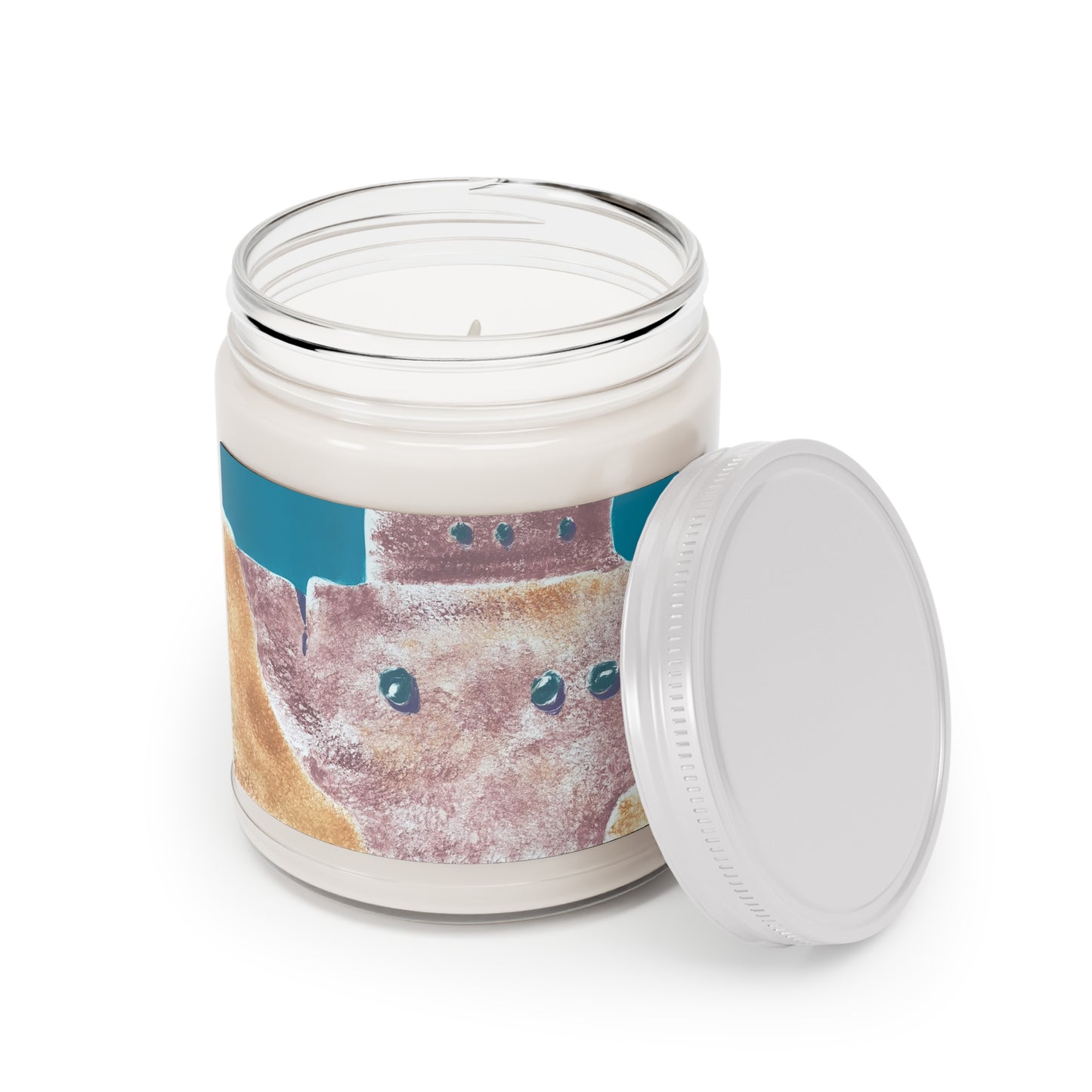 9oz Eco-Friendly Scented or Unscented Soy Wax Candle Jar with 'Pueblo Series 1' Abstract Artwork by American Artist Barbara Cleary