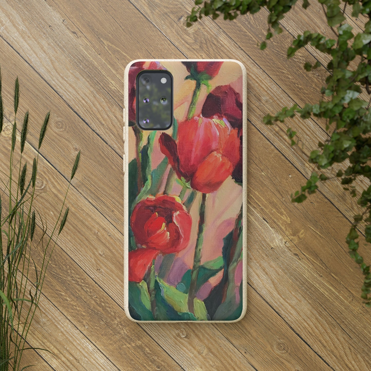 Biodegradable Phone Case with 'Red Tulips' Floral Original Artwork by Barbara Cleary