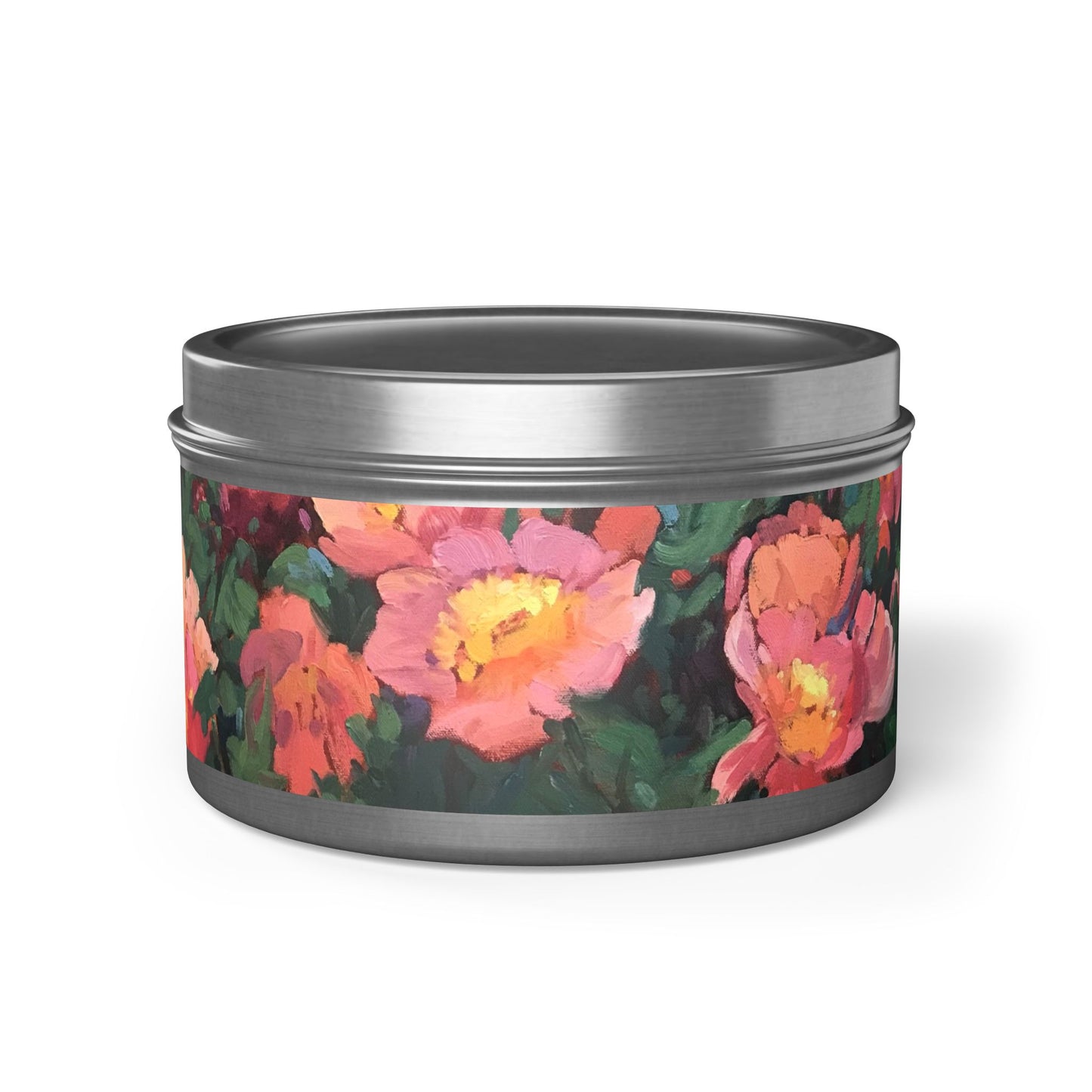 8oz Eco-Friendly Scented or Unscented Soy Wax Candle Tin with 'Pink Princess' Floral Artwork by American Artist Barbara Cleary