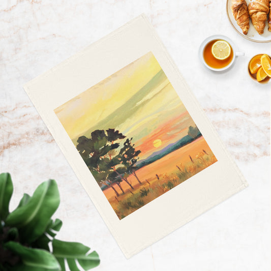 'Sunrise' Landscape Cotton Tea Towel I Original Artwork by American Artist Barbara Cleary