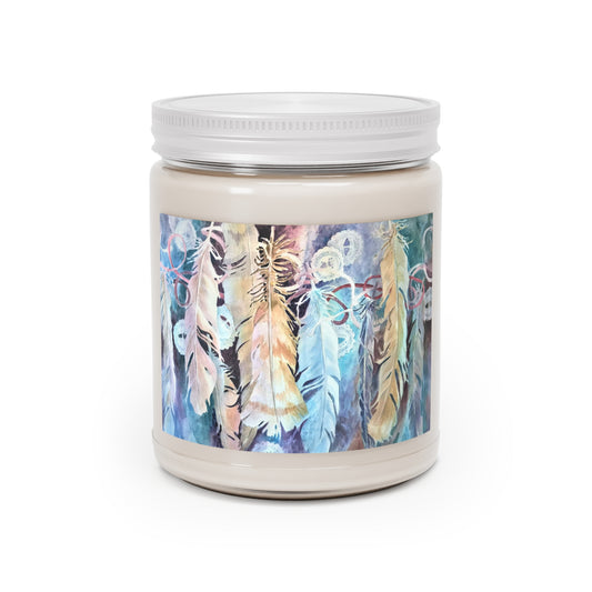 9oz Eco-Friendly Scented or Unscented Soy Wax Candle Jar  with 'Conchos Feathers' Artwork by American Artist Barbara Cleary