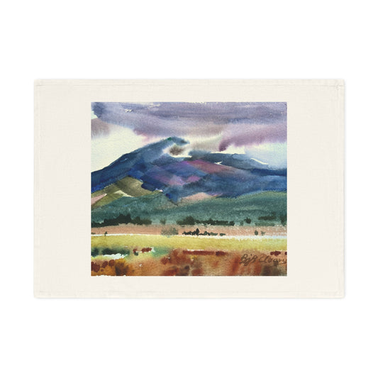 'Tranquil Mountain View 2' Organic Cotton Tea Towel I Original Artwork by American Artist Barbara Cleary