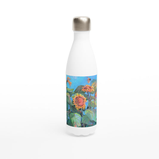 17oz White Stainless Steel Bottle with 'Southwinds Sunflowers' Floral Artwork by American Artist Barbara Cleary