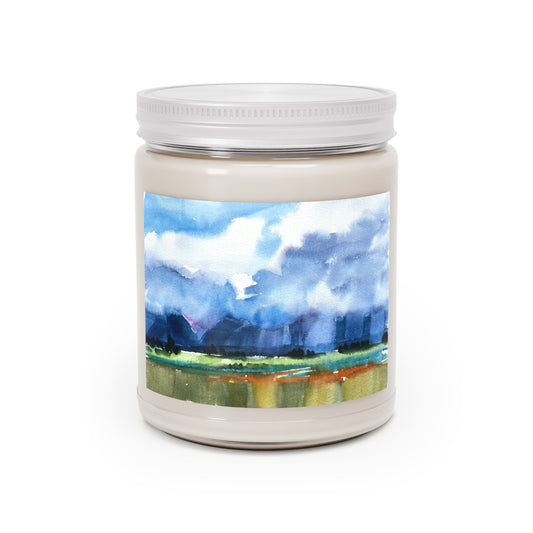 9oz Eco-Friendly Scented or Unscented Soy Wax Candle Jar with 'Tranquil Mountain View 4' Artwork by American Artist Barbara Cleary