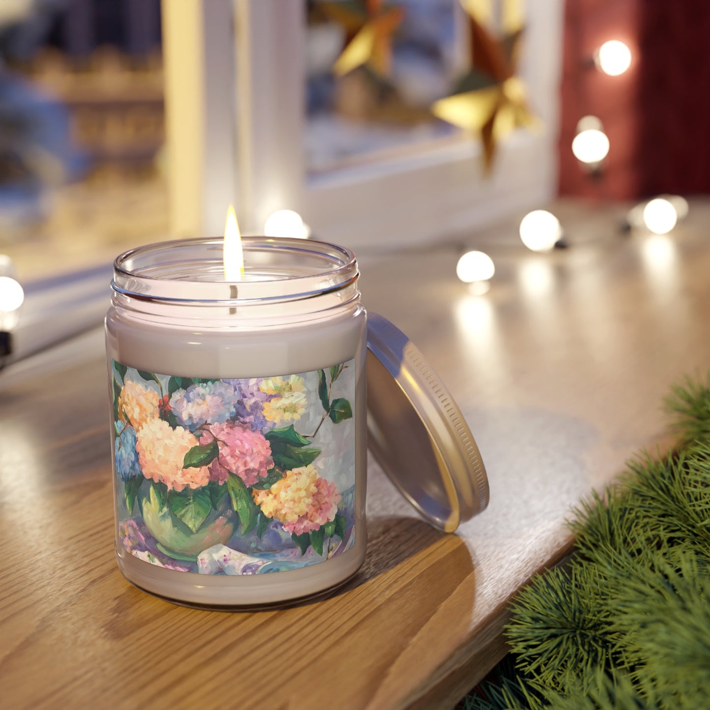 9oz Eco-Friendly Scented or Unscented Soy Wax Candle Jar  with 'Hydrangeas' Floral Artwork by American Artist Barbara Cleary