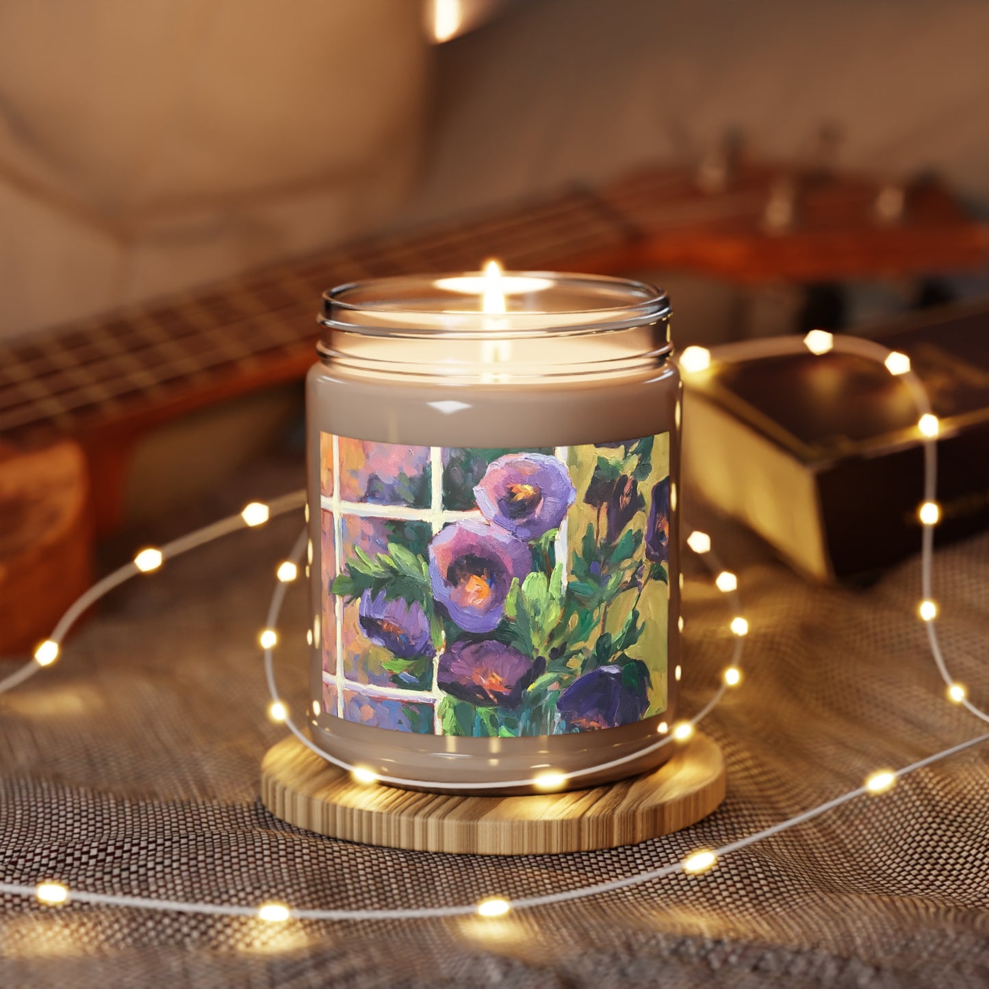 9oz Eco-Friendly Scented or Unscented Soy Wax Candle Jar with 'Purple Flowers' Artwork by American Artist Barbara Cleary