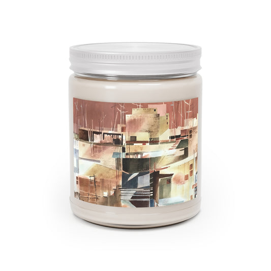 9oz Eco-Friendly Scented or Unscented Soy Wax Candle Jar with 'Abstract Pueblo' Abstract Artwork by American Artist Barbara Cleary