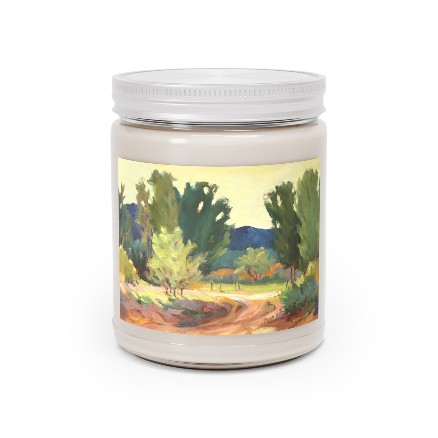 9oz Eco-Friendly Scented or Unscented Soy Wax Candle Jar with 'Hacienda Road' Landscape Artwork by American Artist Barbara Cleary