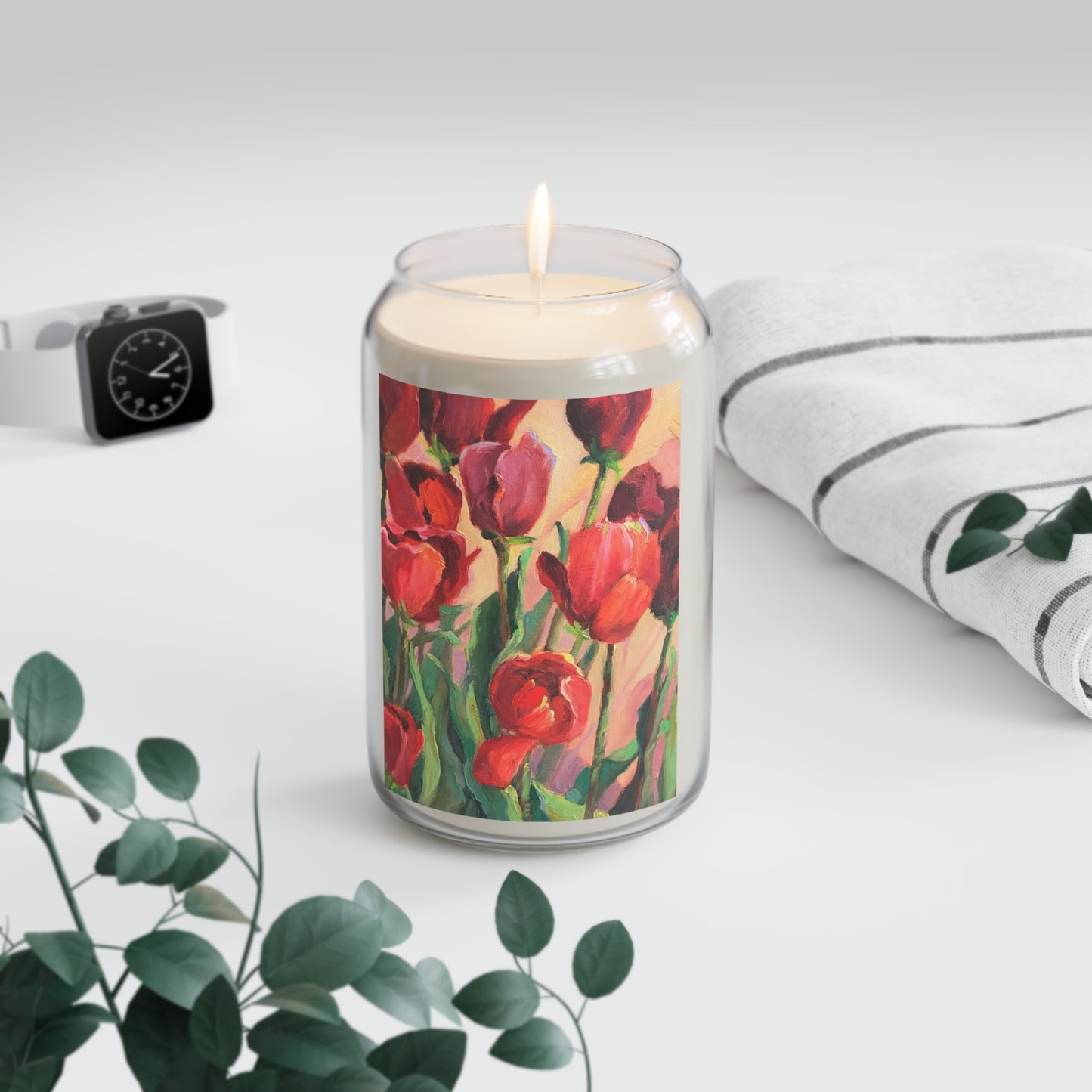 13.75oz Eco-Friendly Scented or Unscented Soy Wax Candle Jar  with 'Tulips' Floral Artwork by American Artist Barbara Cleary