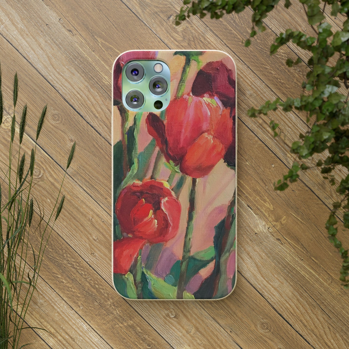 Biodegradable Phone Case with 'Red Tulips' Floral Original Artwork by Barbara Cleary