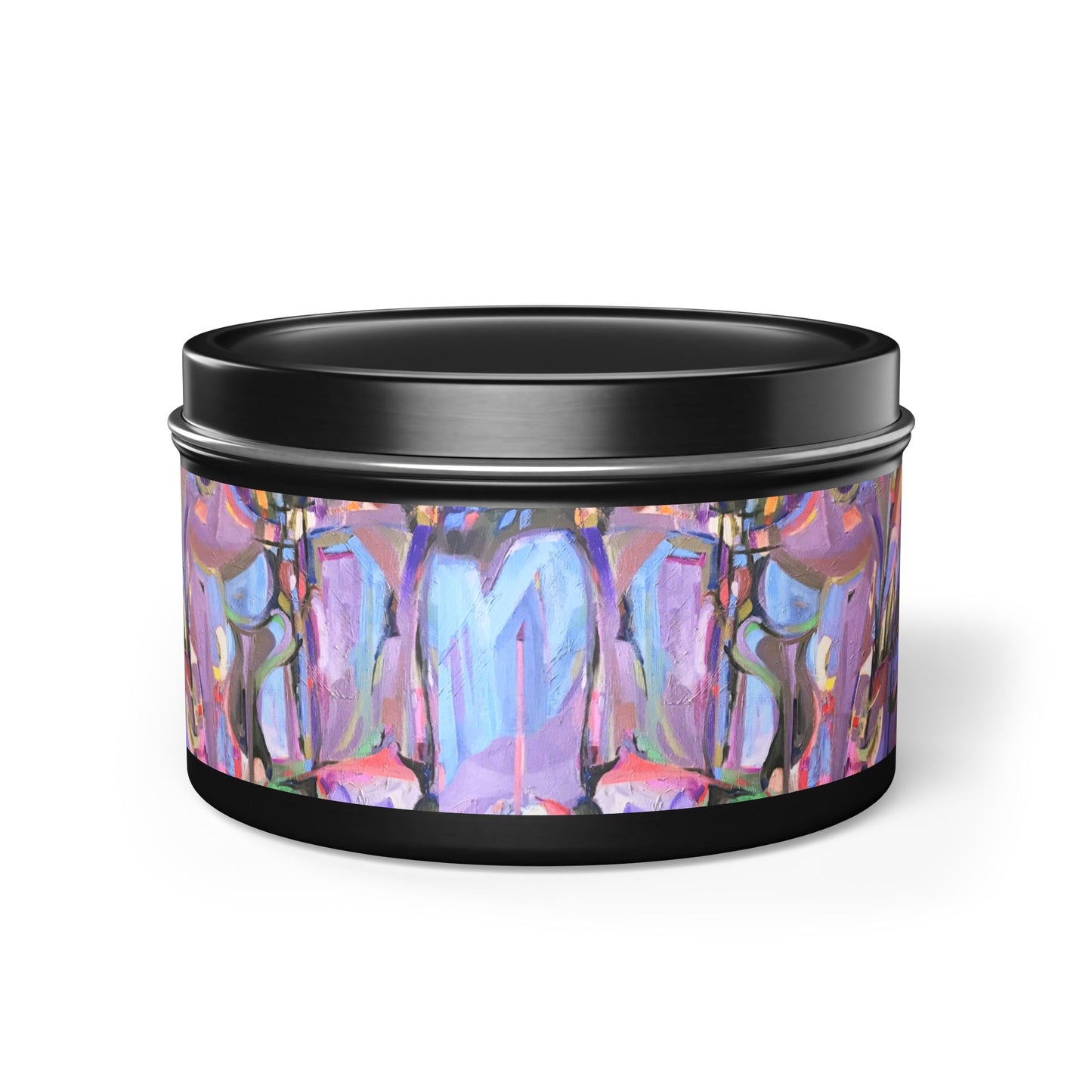 8oz Eco-Friendly Scented or Unscented Soy Wax Tin Candle with 'Passages' Abstract Artwork by American Artist Barbara Cleary