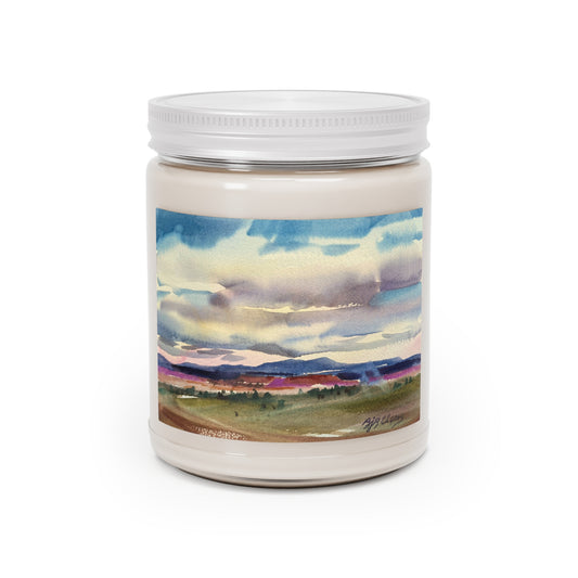 9oz Eco-Friendly Scented or Unscented Soy Wax Candle Jar with 'Tranquil Mountain View 1' Artwork by American Artist Barbara Cleary