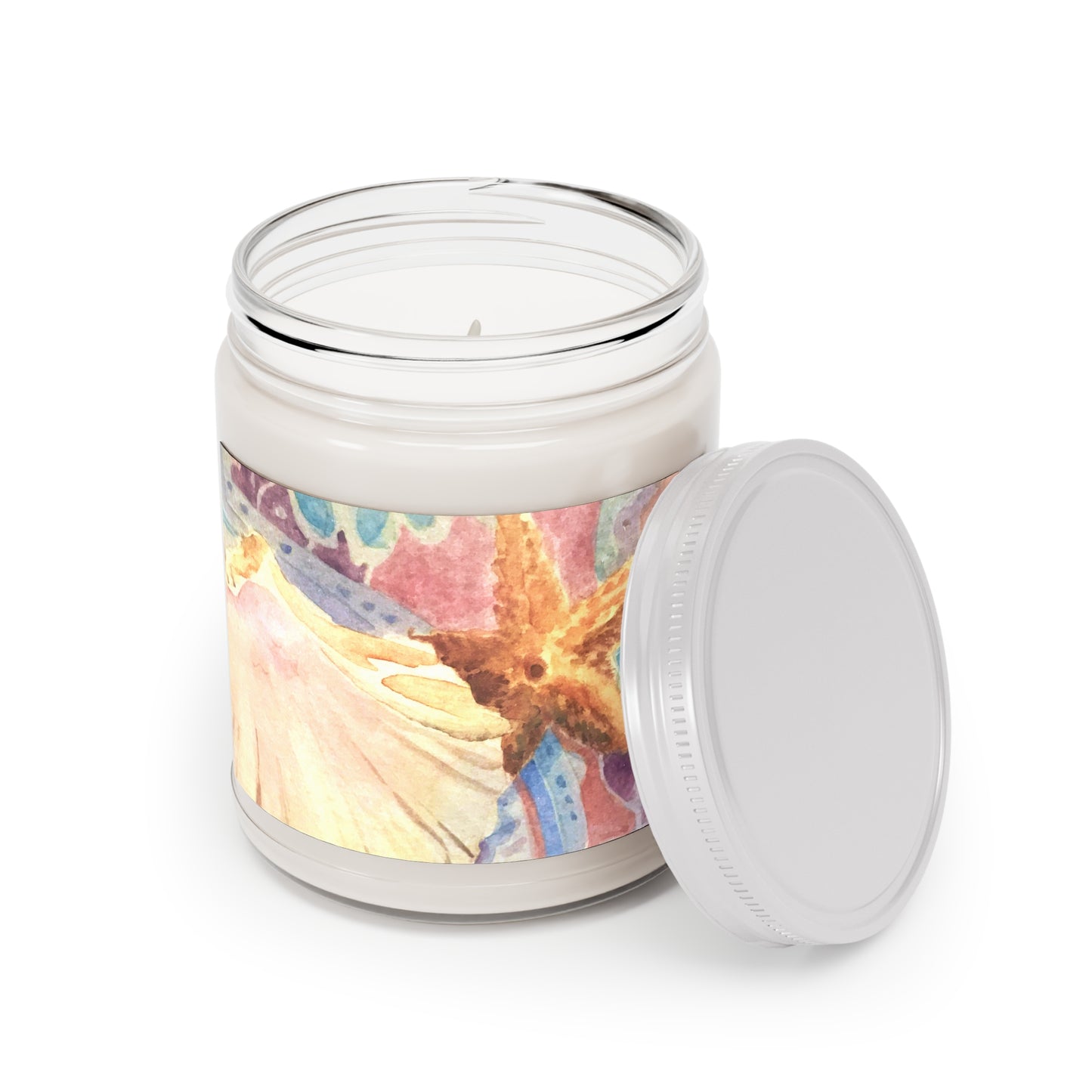 9 ozSoy Wax Candle Jar Featuring “Treasures of the Tide” Coastal Watercolor Painting by Barbara Cleary