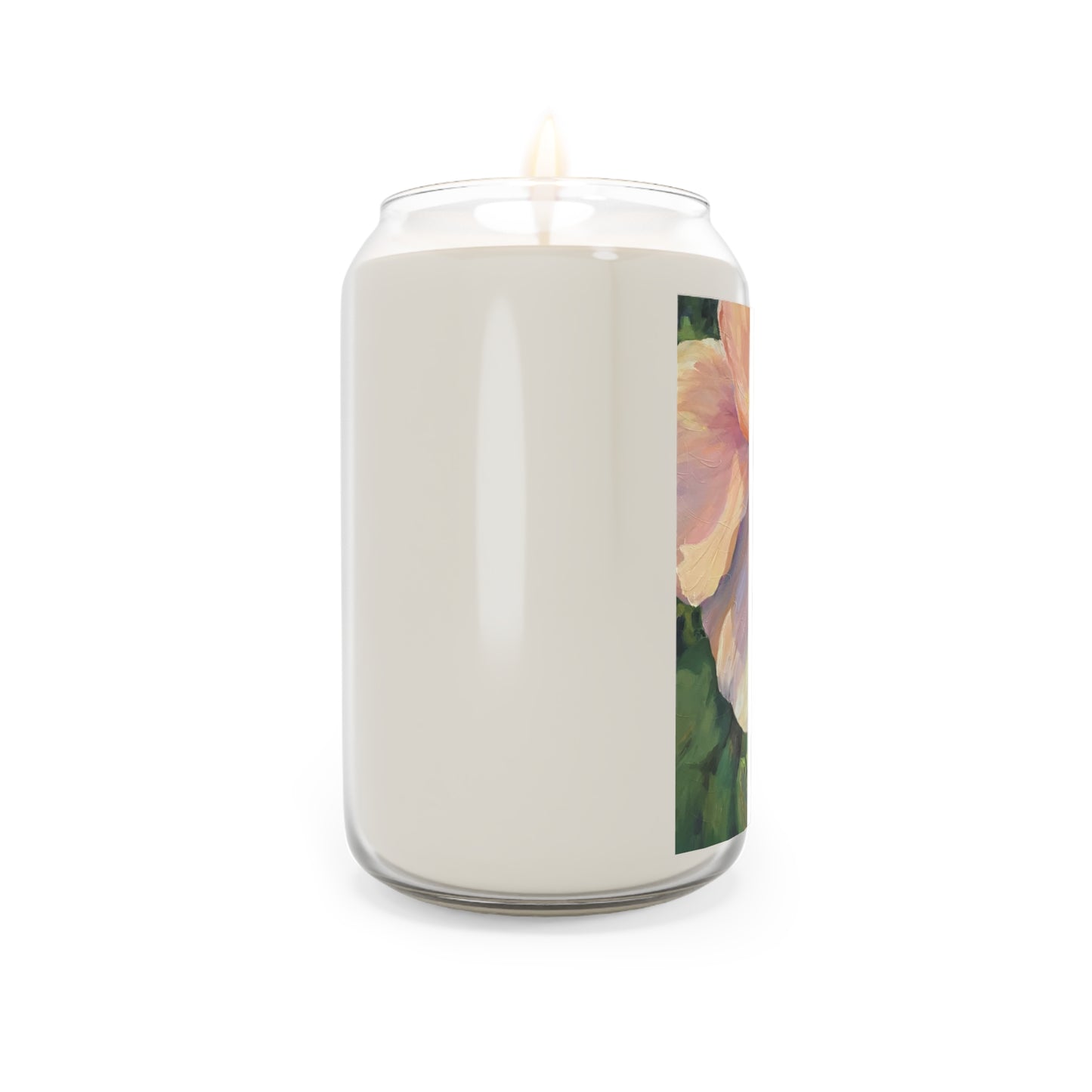 13.75oz Eco-Friendly Scented or Unscented Soy Wax Candle Jar with 'Pink Hibiscus' Floral Artwork by American Artist Barbara Cleary