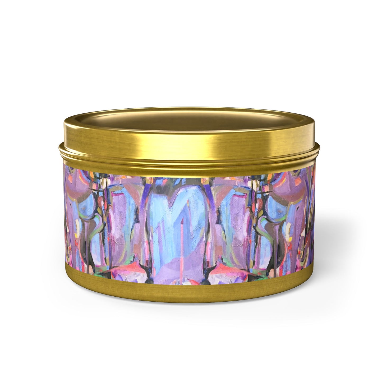 8oz Eco-Friendly Scented or Unscented Soy Wax Tin Candle with 'Passages' Abstract Artwork by American Artist Barbara Cleary