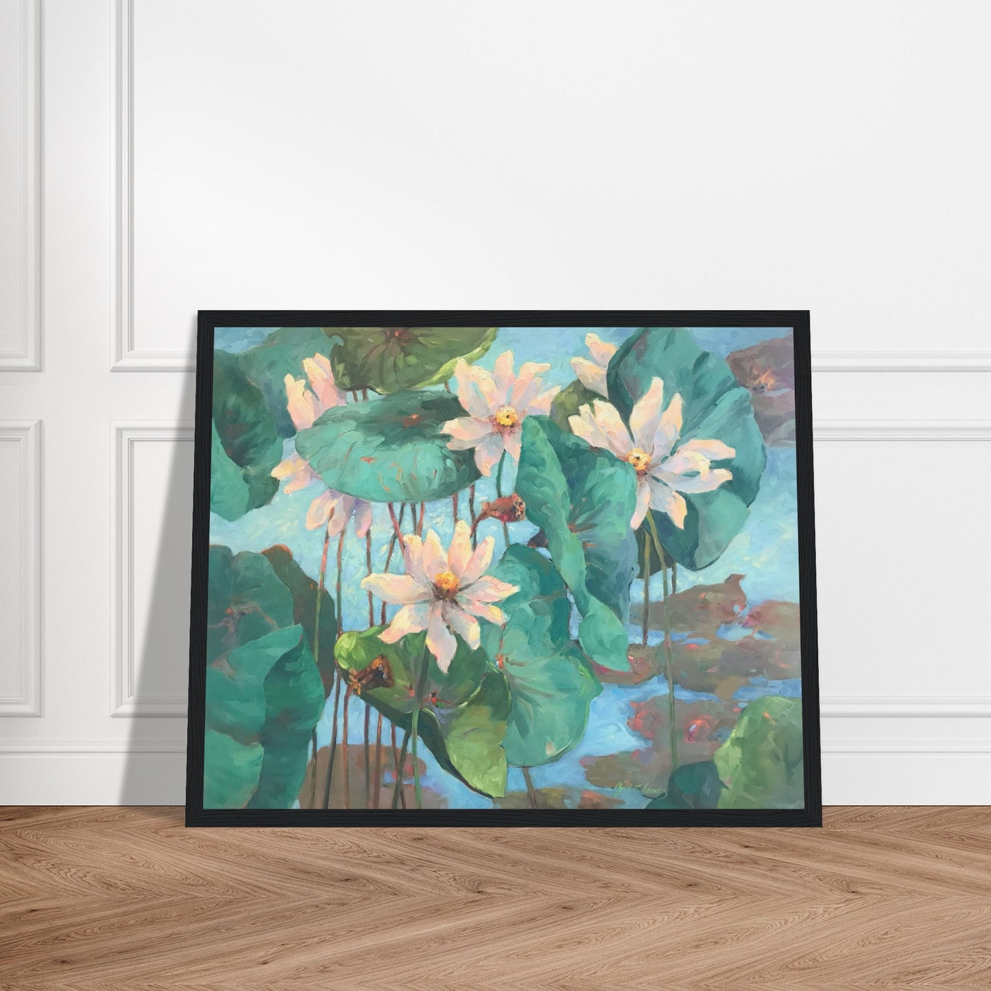 'Lily Pads' Floral | 16x20 inch Wooden Framed Art Print | Original Artwork by American Artist Barbara Cleary