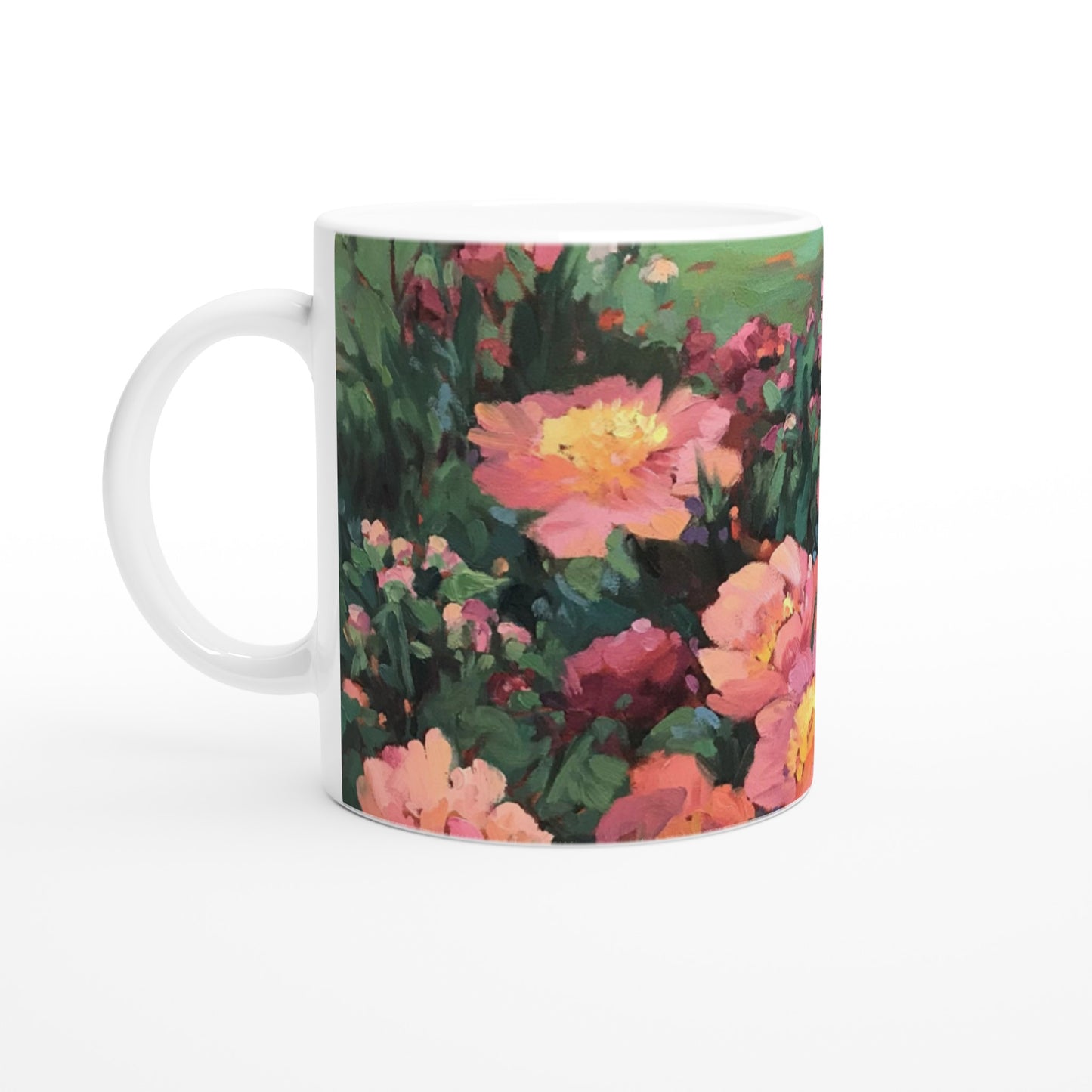 11oz White Ceramic Mug | Coffee Cup with 'Pink Princess' Floral Artwork by American Artist Barbara Cleary