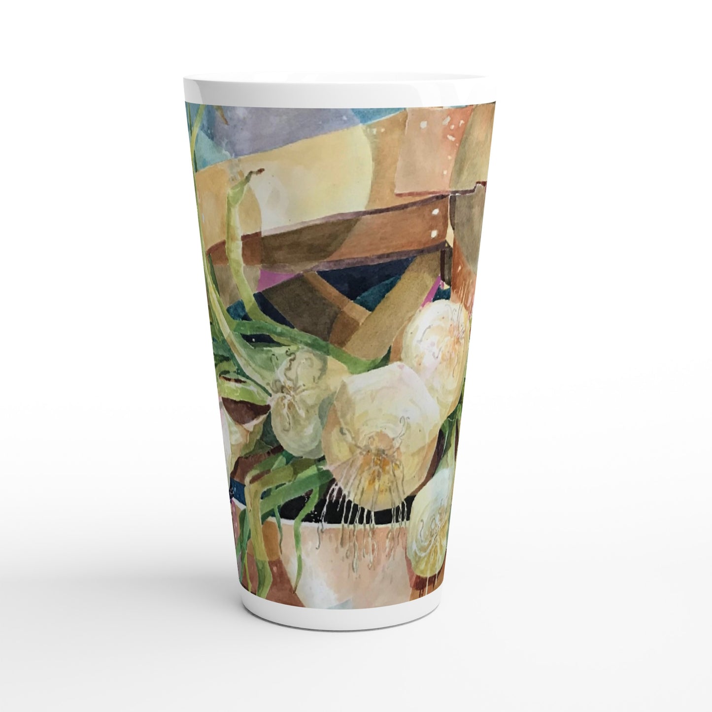 17oz White Ceramic Latte Mug | Coffee Cup with 'Onions' Watercolor Artwork by American Artist Barbara Cleary