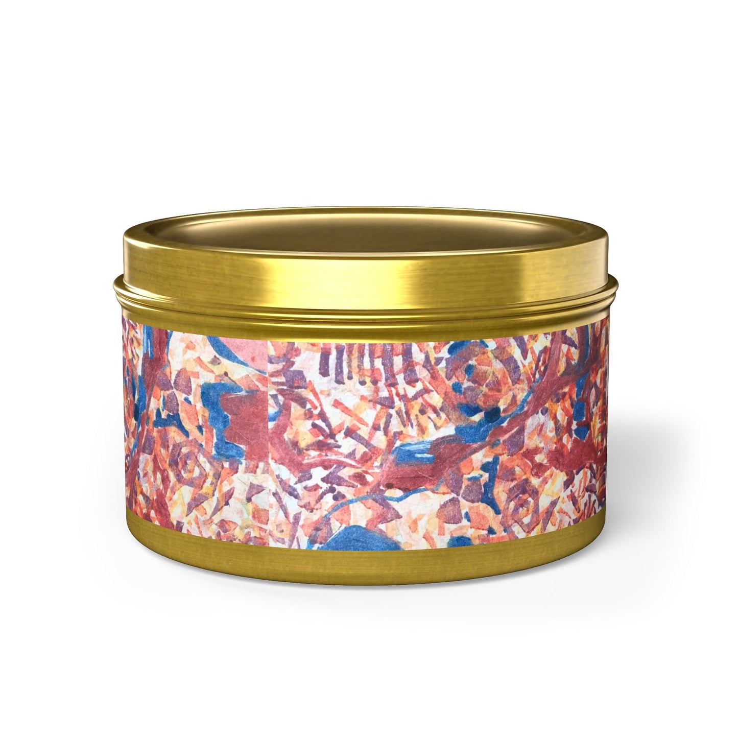 8oz Eco-Friendly Scented or Unscented Soy Wax Tin Candle with 'Abstract Fusion' Abstract Artwork by American Artist Barbara Cleary