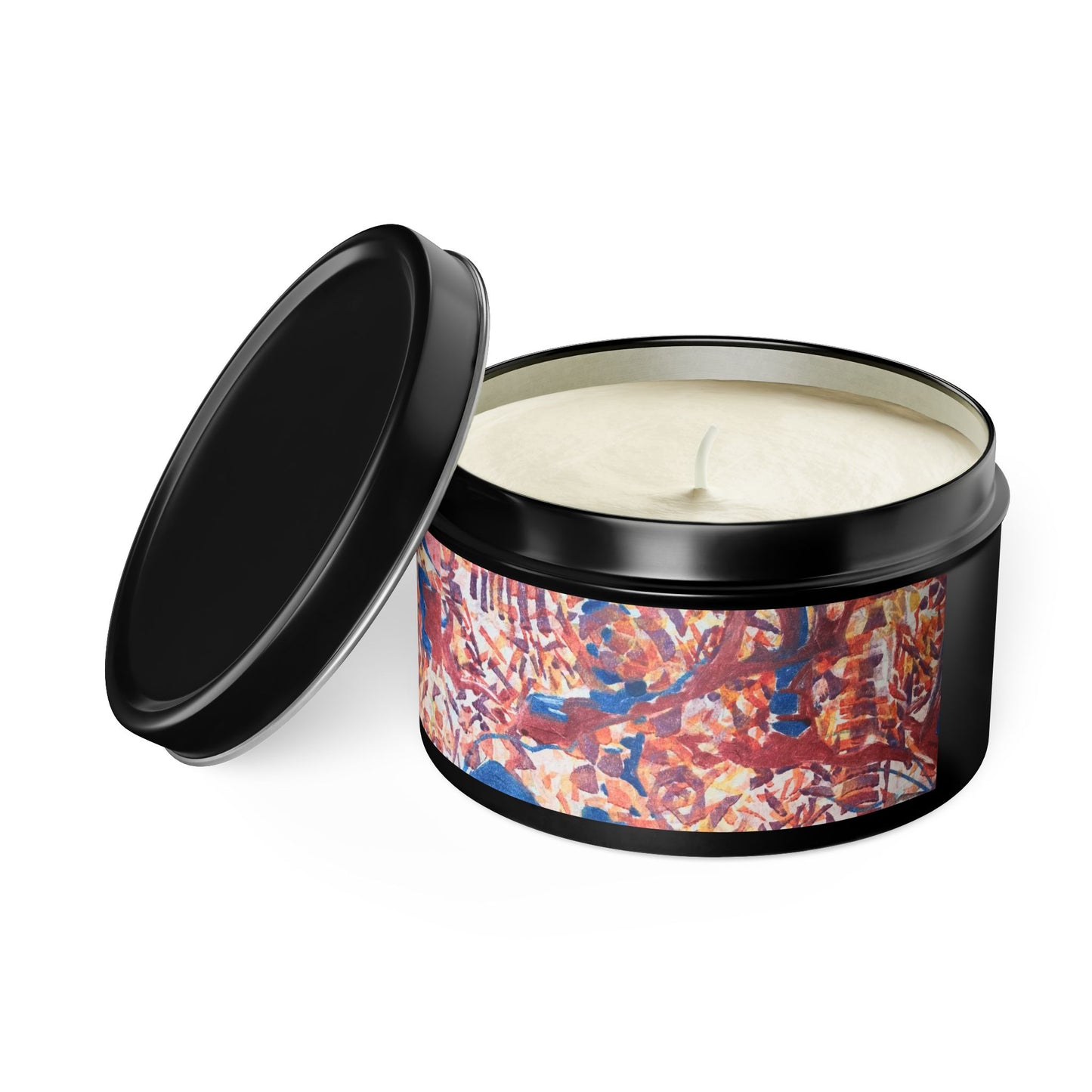 8oz Eco-Friendly Scented or Unscented Soy Wax Tin Candle with 'Abstract Fusion' Abstract Artwork by American Artist Barbara Cleary